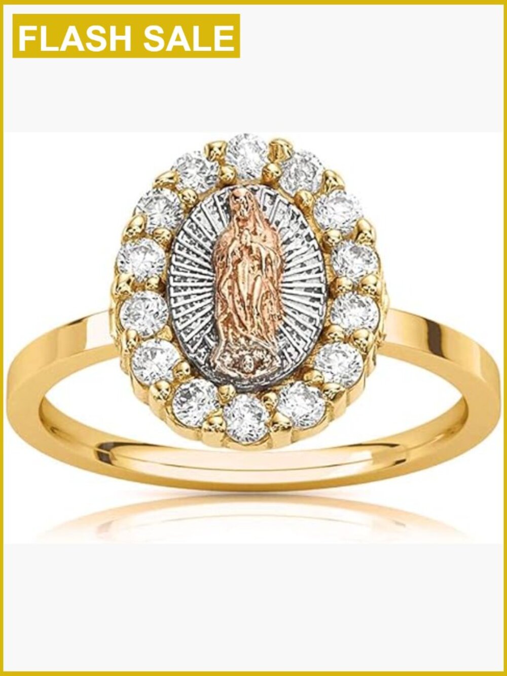 18K Gold Plated Lady of Guadalupe Virgin Mary Tri Color Ring w/ CZ Oval Stone